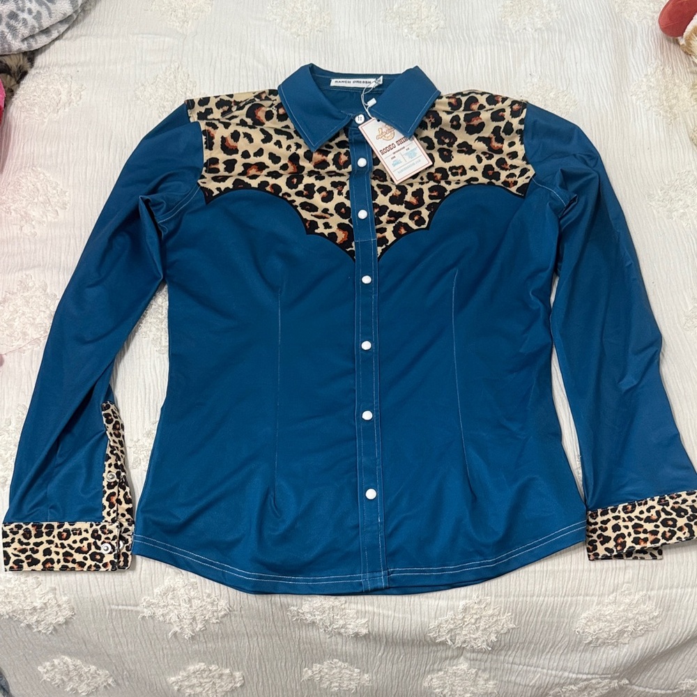 Leopard Print and Blue Button Down Rodeo Shirt